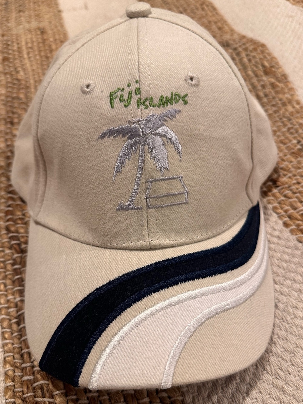 Beige Baseball Cap with Black & White Stripes